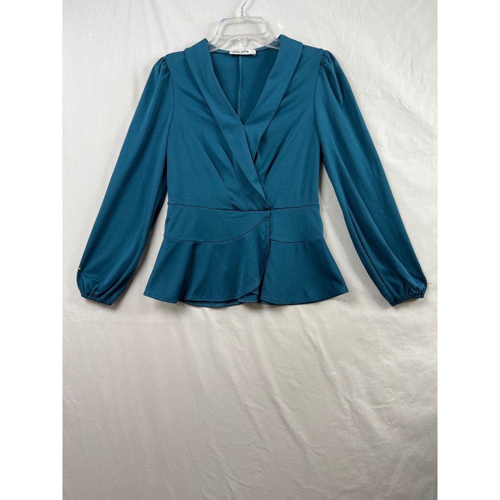 Grace Karin Peplum Top Women Small Teal Blue Wrap V-Neck Long Sleeve Blouse